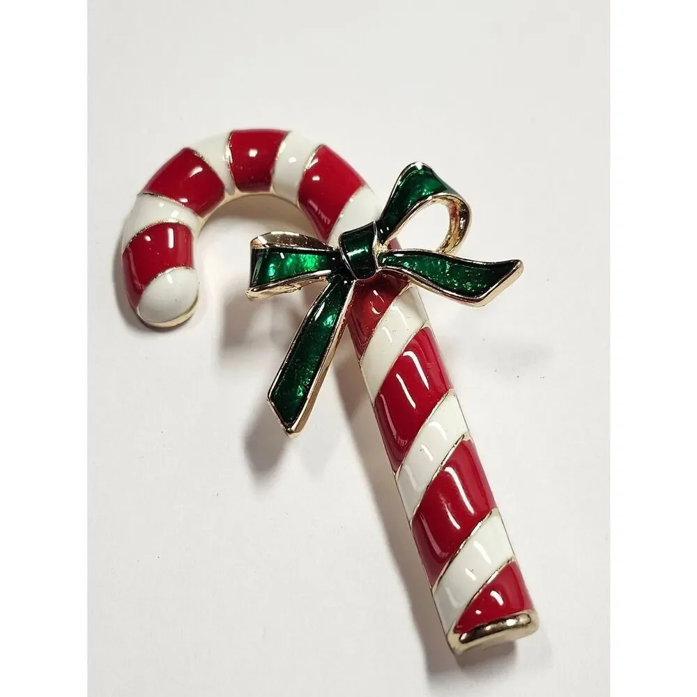 Vintage Candy Cane Enamel Gold Tone Brooch Pin Christmas Holiday Estate